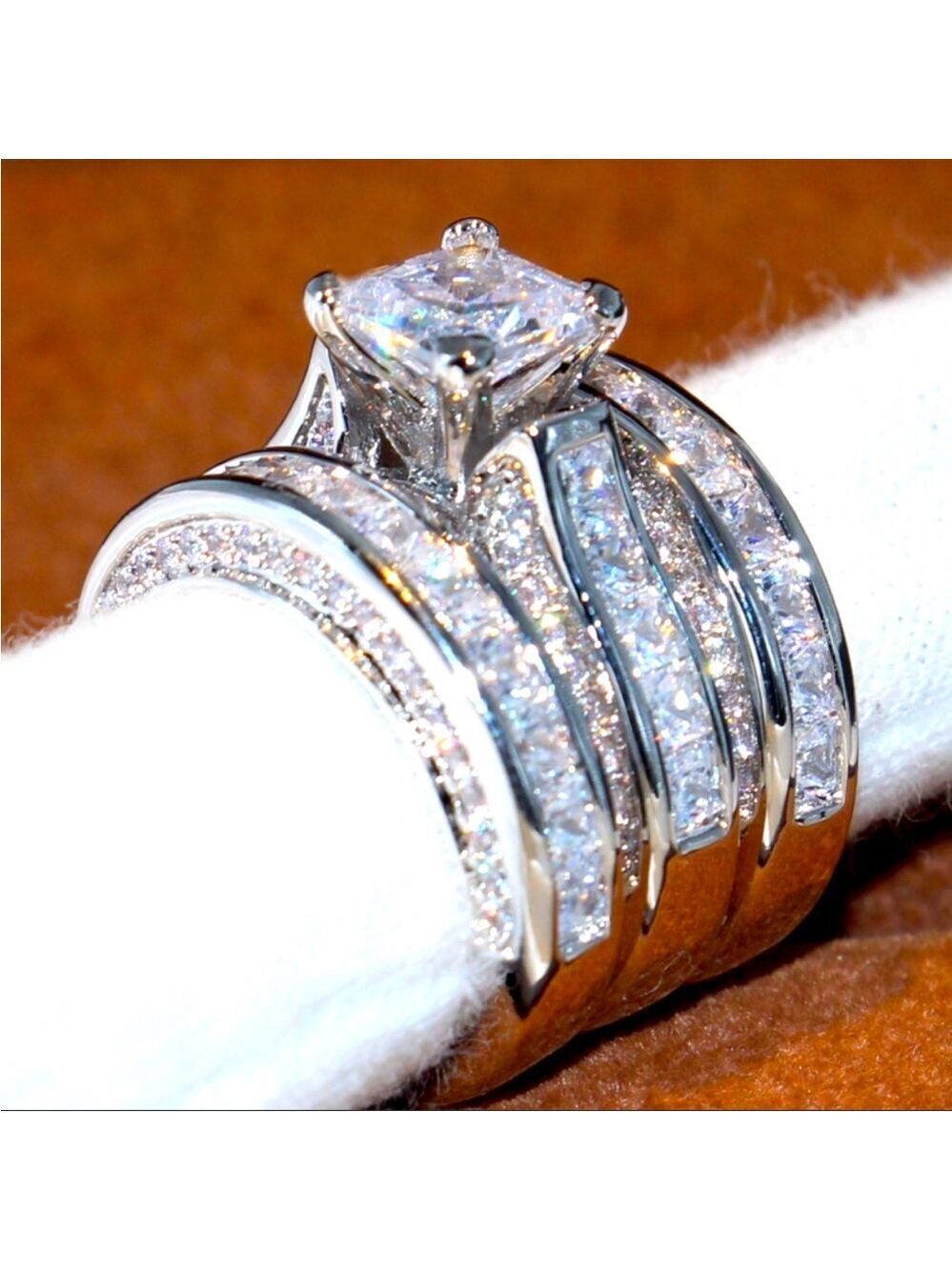 *NEW 925 Silver Diamond 3PC Wedding Ring Set